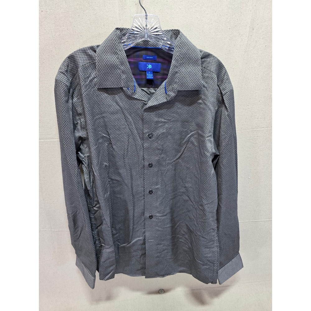 Egara Mens Grey Black Micro Pattern Non-Iron Button Down Shirt Large